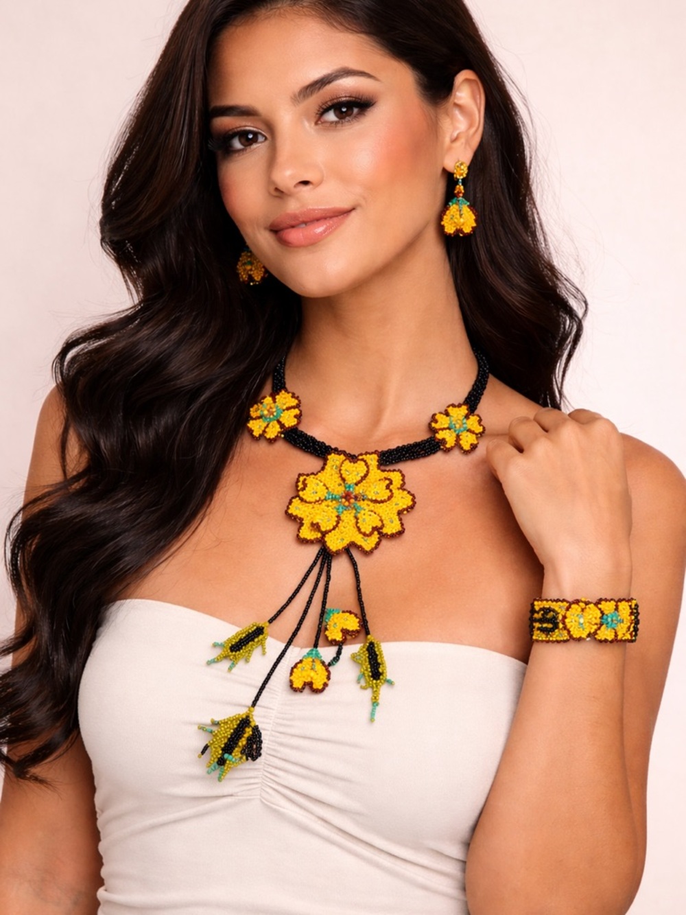 Handcrafted Yellow Floral Beaded Necklace, bracelet & Earring Set